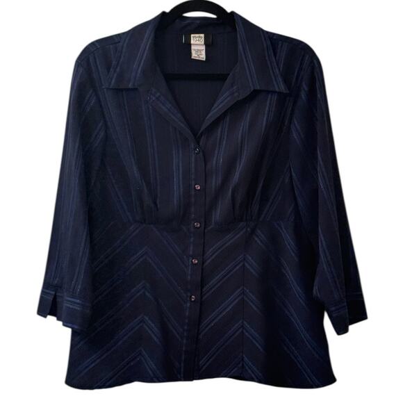 Studio 1940 Navy Blue 3/4 Sleeve Button Down Collared Blouse V-Neck Size XL - Picture 1 of 8
